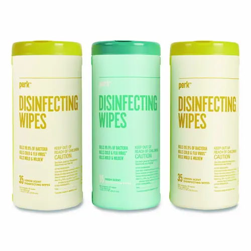 Perk™ Disinfecting Wipes, Fresh/Lemon Scent, White, 35 Wipes/Canister, 3 Canisters/Pack