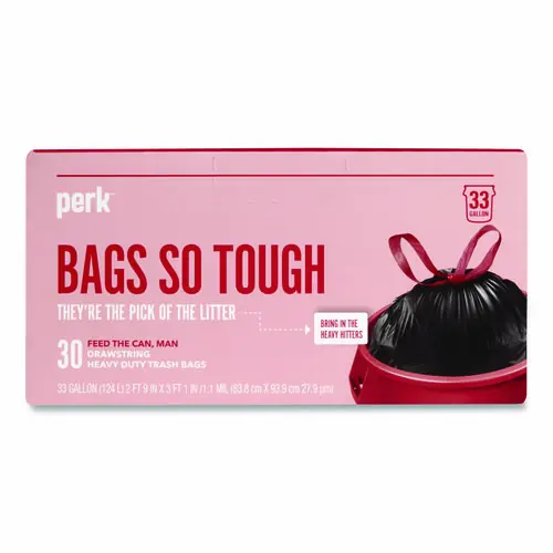 Perk™ Drawstring Heavy-Duty Trash Bags, 33 gal, 1.1 mil, 37" x 33", Black, 30/Box