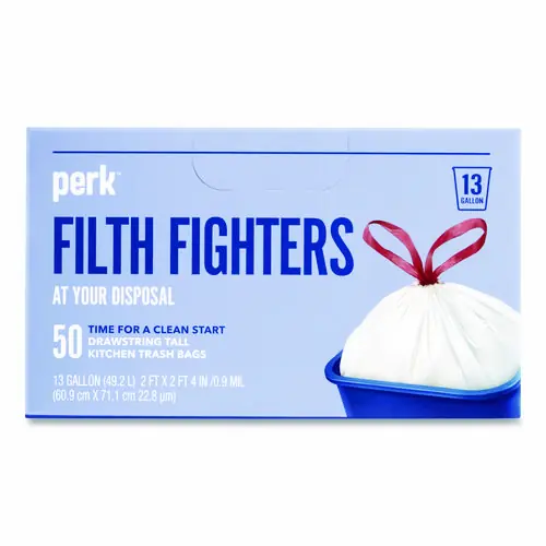 Perk™ Drawstring Tall Kitchen Trash Bags, 13 gal, 28" x 24", White, 50/Box
