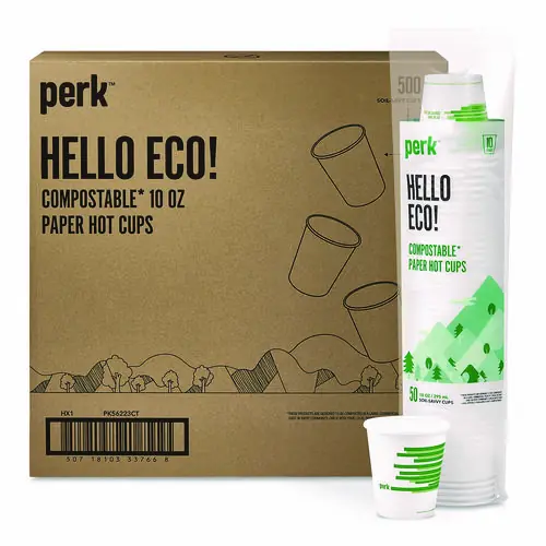 Perk™ Eco-ID Compostable Paper Hot Cups, 10 oz, White/Green, 500/Carton