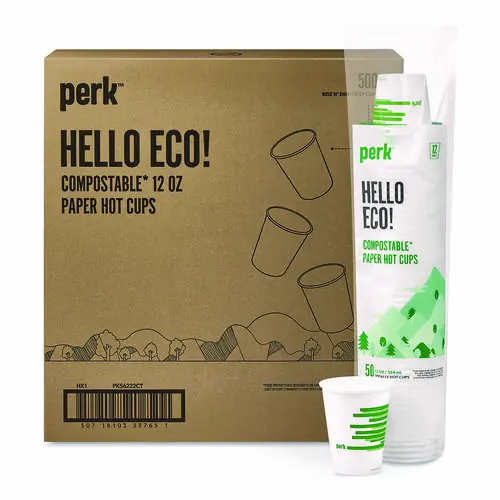 Perk™ Eco-ID Compostable Paper Hot Cups, 12 oz, White/Green, 500/Carton