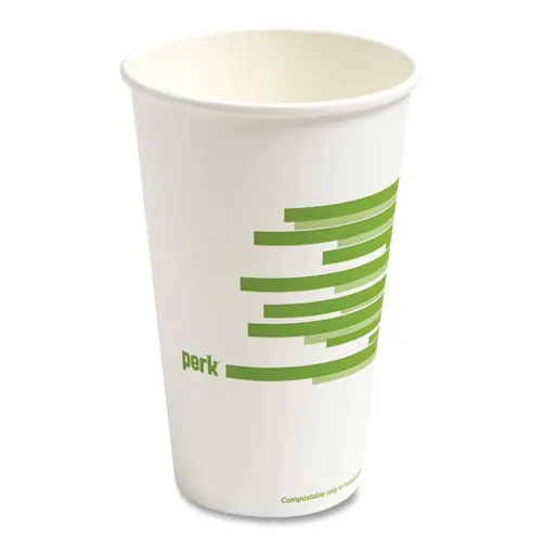 Perk™ Eco-ID Compostable Paper Hot Cups, 12 oz, White/Green, 50/Pack