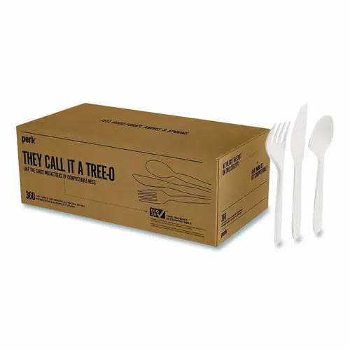 Perk™ Eco-ID Mediumweight Compostable Cutlery Set, 360 Pieces, White