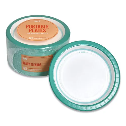 Perk™ Everyday Paper Plates, 8.5" dia, White/Teal, 125/Pack