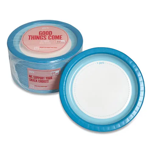Perk™ Heavy-Weight Paper Plates, 10" dia, White/Blue, 125/Pack