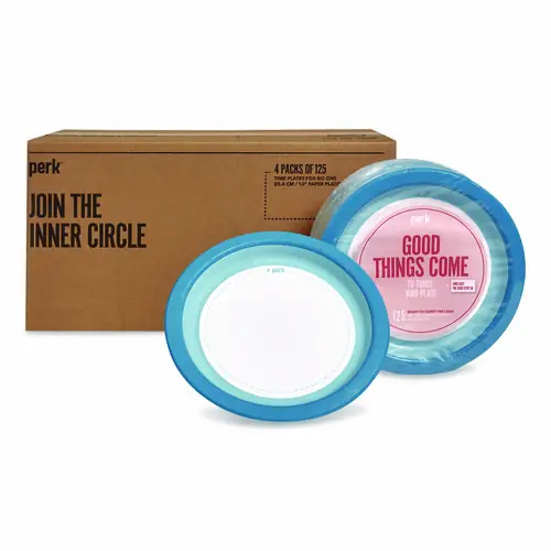 Perk™ Heavy-Weight Paper Plates, 10" dia, White/Blue, 500/Carton