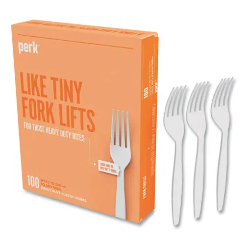 Perk™ Heavyweight Plastic Cutlery, Fork, White, 100/Pack