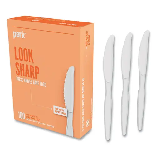 Perk™ Heavyweight Plastic Cutlery, Knife, White, 100/Pack