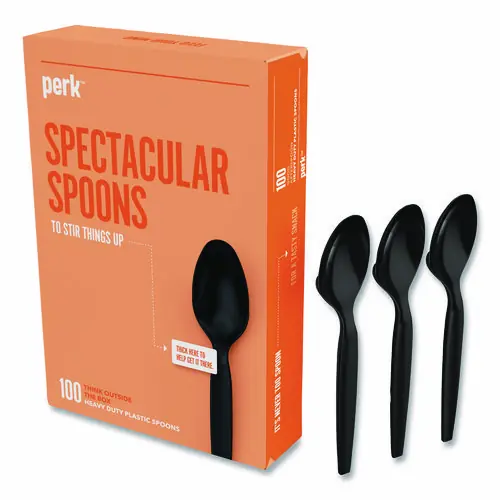 Perk™ Heavyweight Plastic Cutlery, Spoon, Black, 100/Pack