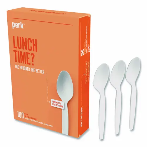 Perk™ Heavyweight Plastic Cutlery, Spoon, White, 100/Pack