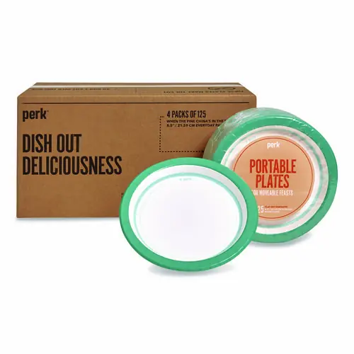 Perk™ Medium-Weight Paper Plates, 8.5" dia, White/Teal, 500/Carton