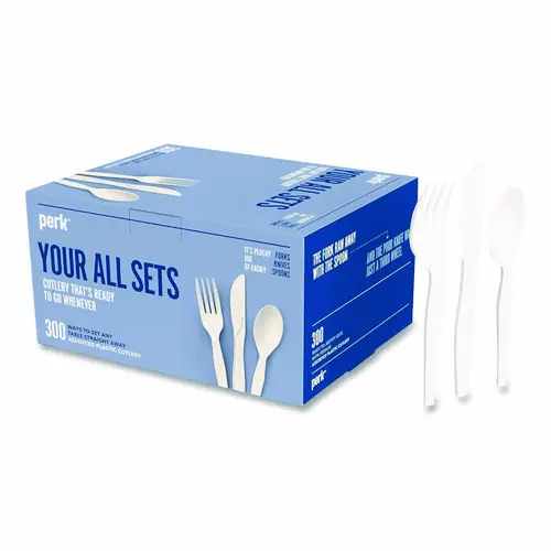 Perk™ Mediumweight Plastic Cutlery, Fork/Knife/Spoon, Plastic, White, 100/Pack