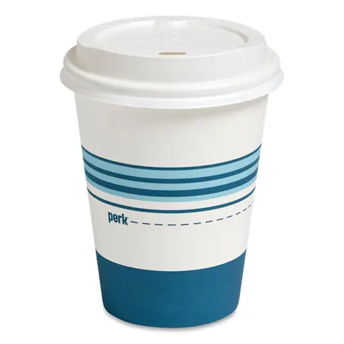 Perk™ Paper Hot Cup and Plastic Dome Lid Combo, 12 oz, White/Blue, 50/Pack