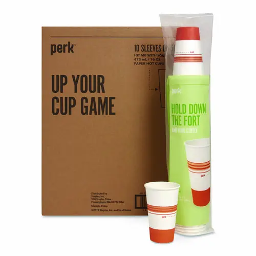 Perk™ Paper Hot Cups, 16 oz, White/Orange, 500/Carton