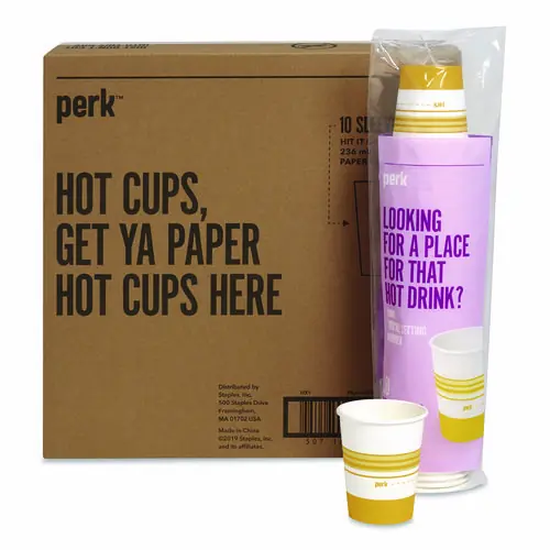 Perk™ Paper Hot Cups, 8 oz, White/Yellow, 500/Carton