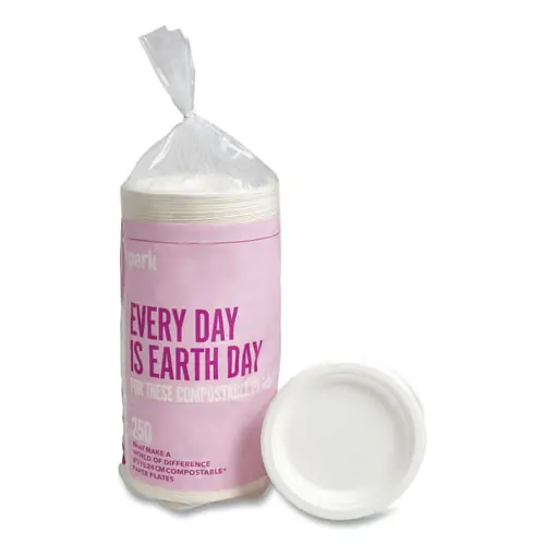 Perk™ PFAS-Free Compostable Bagasse Plates, Sugarcane, 6" dia, White, 250/Pack