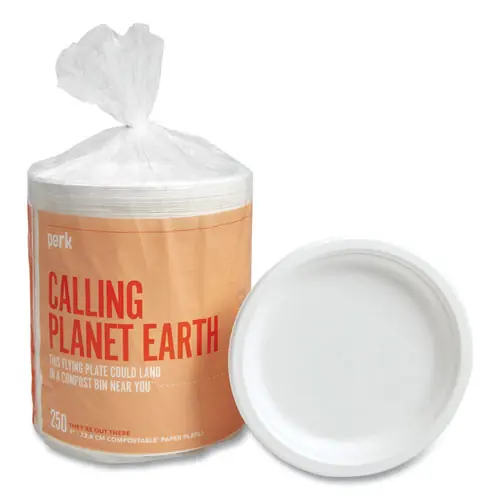 Perk™ PFAS-Free Compostable Bagasse Plates, Sugarcane, 9" dia, White, 250/Pack