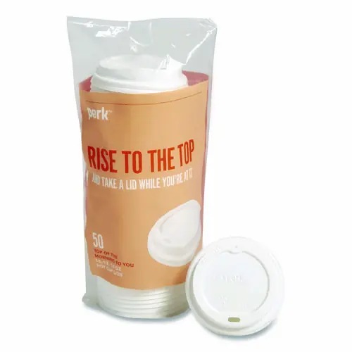 Perk™ Plastic Hot Cup Lids, Fits 10 oz/12 oz/16 oz Hot Cups, White, 50/Pack
