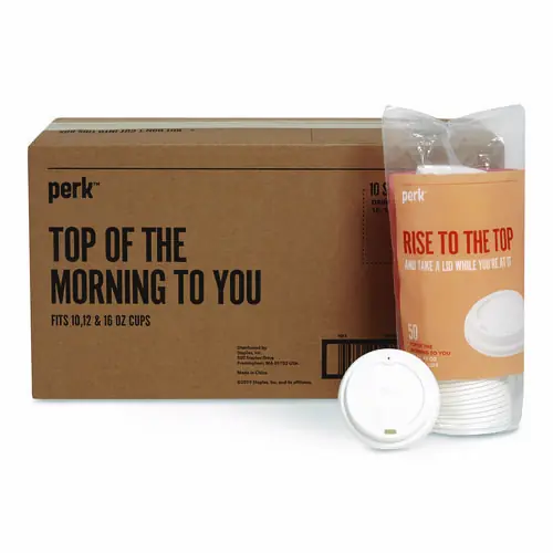 Perk™ Plastic Hot Cup Lids, White, Fits 10 oz to 16 oz Hot Cups, 500/Carton