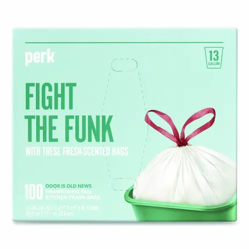 Perk™ Scented Drawstring Tall Kitchen Trash Bags, 13 gal, Fresh Scent, 28" x 24", White, 100/Box