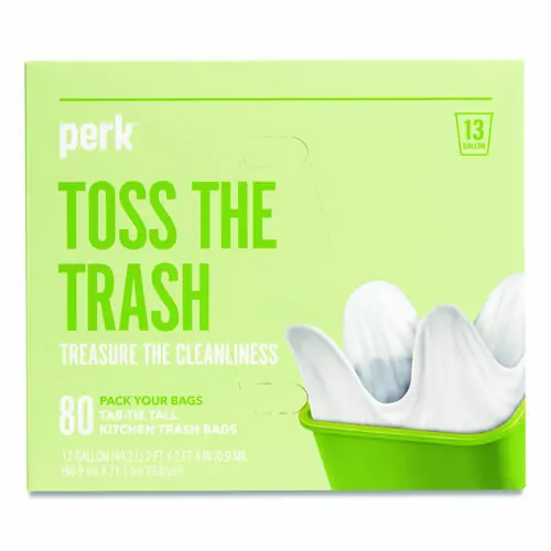 Perk™ Tab-Tie Tall Kitchen Trash Bags, Tie-Flap, 13 gal, 80/Box