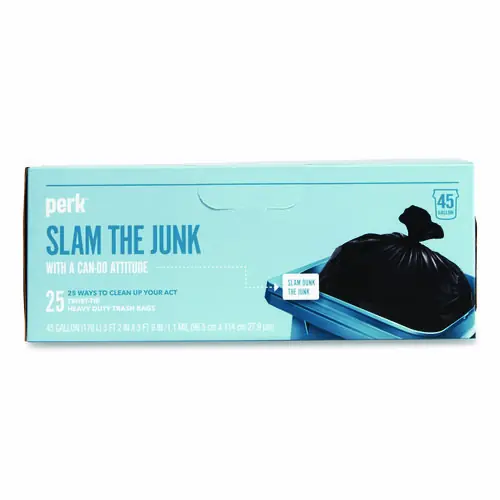 Perk™ Twist-Tie Heavy-Duty Trash Bags, Open-Face, 45 gal, 1.1 mil, 45" x 38", Black, 25/Box