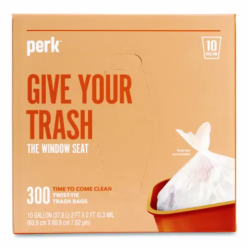 Perk™ Twist-Tie Light-Duty Can Liners, 10 gal, 0.36 mil, 24" x 24", Clear, Flat Pack, 300/Box
