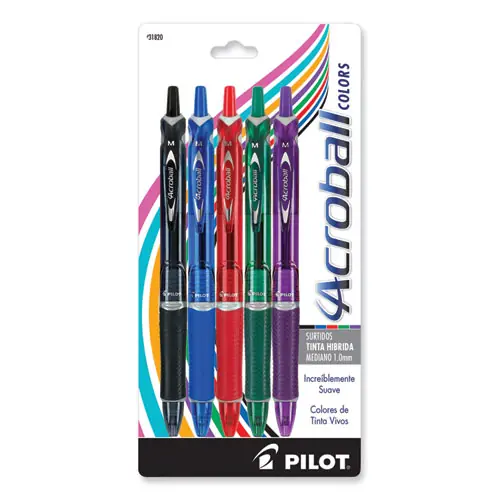 Pilot® Acroball Colors Advanced Ink Hybrid Gel Pen, Retractable, Medium Point, 1 mm, Assorted Colors, 5/Pack