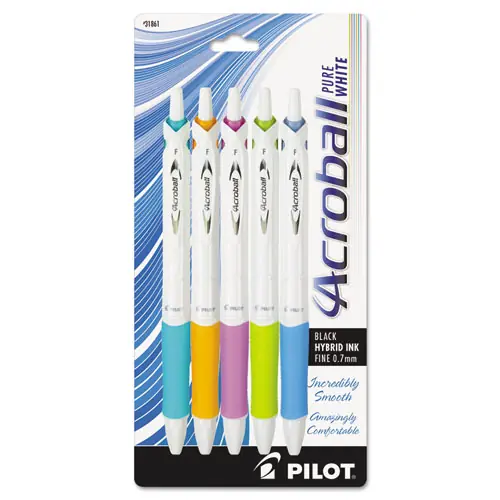 Pilot® Acroball PureWhite Advanced Ink Hybrid Gel Pen, Retractable, Fine 0.7 mm, Black Ink, Assorted Barrel Colors, 5/Pack