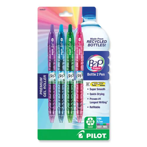 Pilot® B2P Bottle-2-Pen Recycled Gel Pen, Retractable, Fine Tip, 0.7 mm, Assorted Ink Colors, 4 Pack