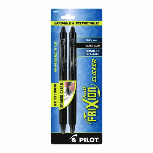 Pilot® FriXion Ball Clicker Erasable Gel Pen, Retractable, Fine 0.7 mm, Black Ink, Black Barrel, 2/Pack