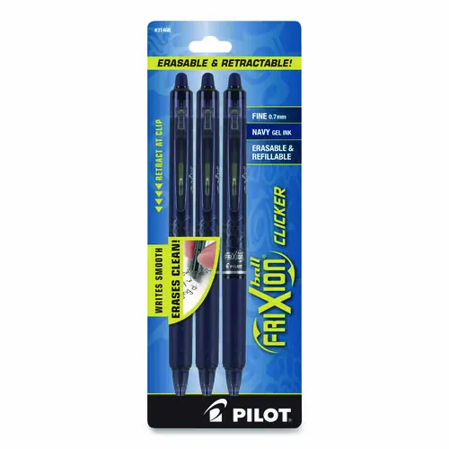 Pilot® FriXion Clicker Erasable Gel Pen, Retractable, Fine 0.7 mm, Navy Ink, Navy Barrel, 3/Pack