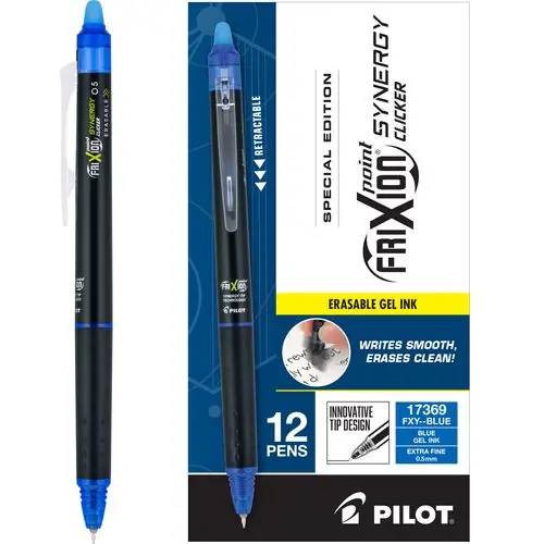 Pilot® FriXion Synergy Clicker Erasable Gel Pen, Retractable, Extra-Fine 0.5 mm, Blue Ink, Black/Blue Barrel, Dozen