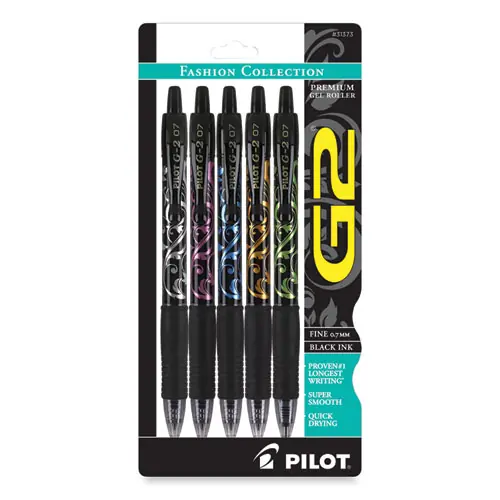 Pilot® G2 Fashion Premium Gel Pen, Retractable, Fine Point, 0.7 mm, Black Ink, Assorted Barrel Colors, 5/Pack