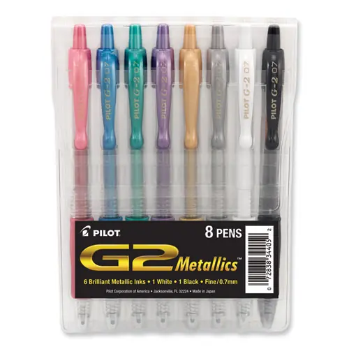 Pilot® G2 Metallics Gel Pen, Retractable, Fine 0.7 mm, Assorted Ink and Barrel Colors, 8/Pack