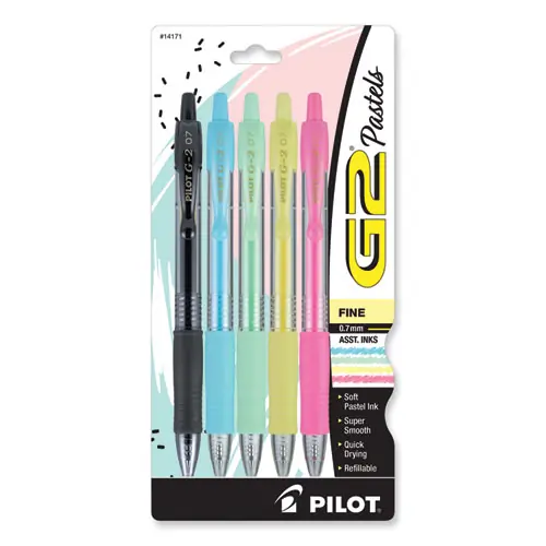 Pilot® G2 Pastel Gel Pen, Retractable, Fine 0.7 mm, Assorted Pastel Ink and Barrel Colors, 5/Pack