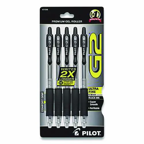 Pilot® G2 Premium Gel Pen, Retractable, Extra-Fine 0.38 mm, Black Ink, Clear/Black Barrel, 5/Pack