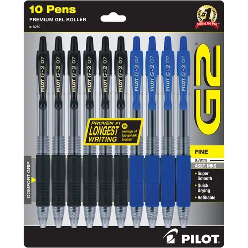 Pilot® G2 Premium Gel Pen, Retractable, Fine 0.7 mm, Assorted Ink and Barrel Colors, 10/Pack