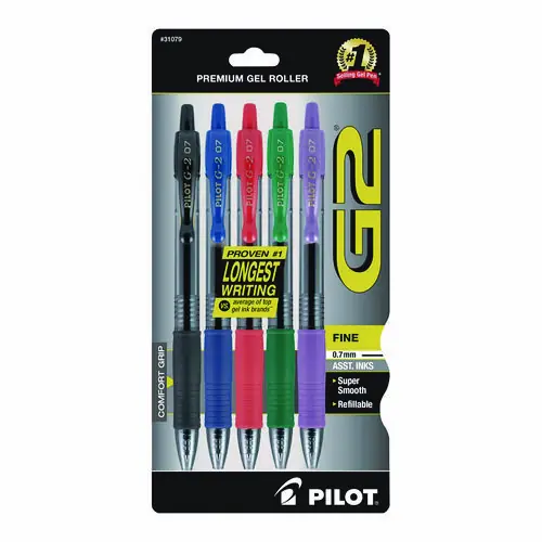 Pilot® G2 Premium Gel Pen, Retractable, Fine 0.7 mm, Assorted Ink and Barrel Colors, 5/Pack