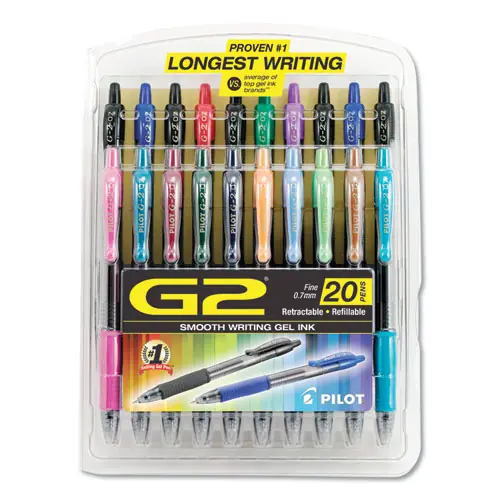 Pilot® G2 Premium Gel Pen Convenience Pack, Retractable, Fine 0.7 mm, Assorted Ink and Barrel Colors, 20/Pack