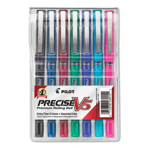 Pilot® Precise V5 Rollerball Pen, Extra-Fine 0.5 mm, Assorted Ink Colors, 7/Pack
