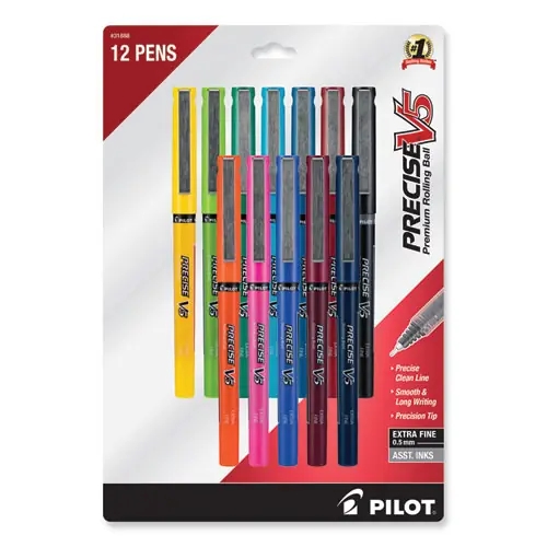 Pilot® Precise V5 Rollerball Pen, Fine 0.5 mm, Assorted Ink & Barrel Colors, 12 Pack