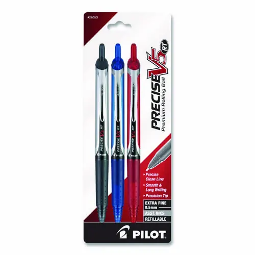 Pilot® Precise V5RT Rollerball Pen, Retractable, Extra-Fine 0.5 mm, Assorted Ink and Barrel Colors, 3/Pack