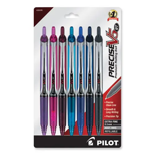 Pilot® Precise V5RT Rollerball Pen, Retractable, Extra-Fine 0.5 mm, Assorted Ink and Barrel Colors, 7/Pack