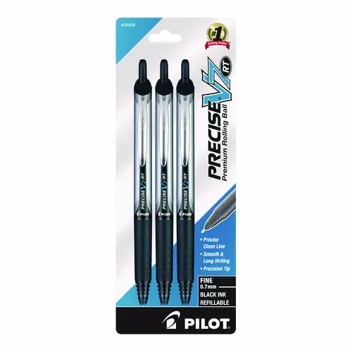 Pilot® Precise V7RT Rollerball Pen, Retractable, Fine 0.7 mm, Black Ink, Black Barrel, 3/Pack