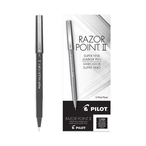 Pilot® Razor Point II Super Fine Line Porous Point Pen, Super-Fine 0.2 mm, Black Ink, Black Barrel, Dozen