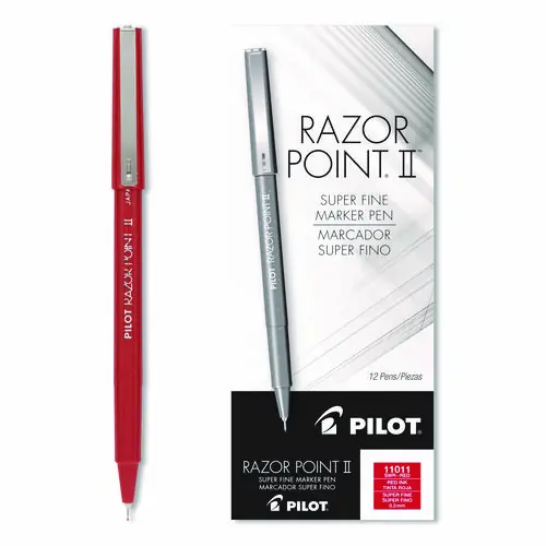 Pilot® Razor Point II Super Fine Line Porous Point Pen, Super-Fine 0.2 mm, Red Ink, Red Barrel, Dozen