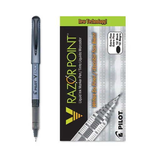 Pilot® V Razor Point Liquid Ink Porous Point Pen, Extra-Fine 0.5 mm, Black Ink, Gray/Smoke Barrel, Dozen