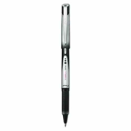 Pilot® VBall Grip Liquid Ink Rollerball Pen, Fine 0.7 mm, Black Ink, Black/Silver Barrel, Dozen