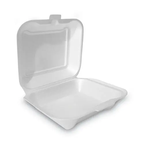 Plastifar Foam Hinged Lid Container, Secure One Tab Latch, Poly Bag, White, 100/Sleeve, 2 Sleeves/Bag, 1 Bag/Pack